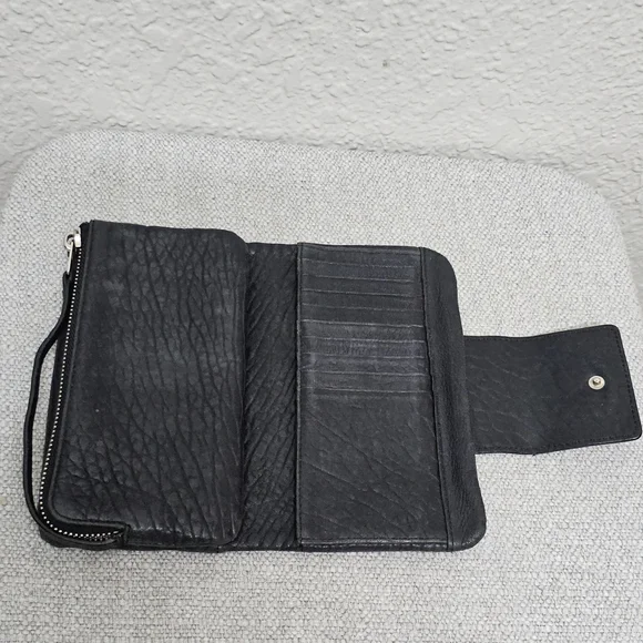 AllSaints Black Distressed Leather Tri Fold Wallet Zip Pocket - Picture 8 of 11